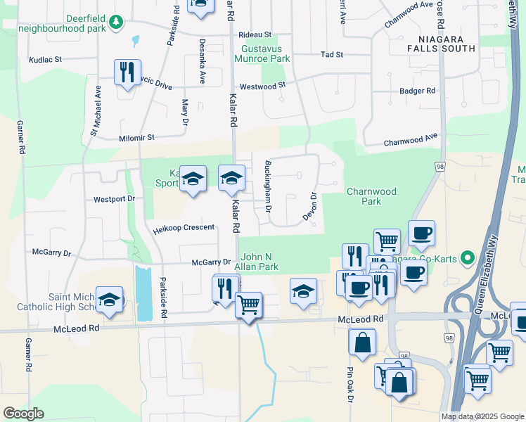 map of restaurants, bars, coffee shops, grocery stores, and more near 8136 Coventry Road in Niagara Falls