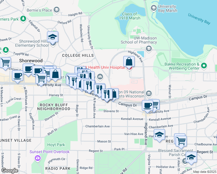 map of restaurants, bars, coffee shops, grocery stores, and more near 800 University Bay Drive in Madison