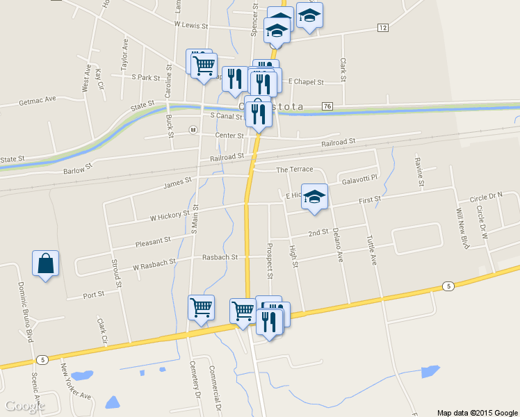 map of restaurants, bars, coffee shops, grocery stores, and more near 107 East Hickory Street in Canastota