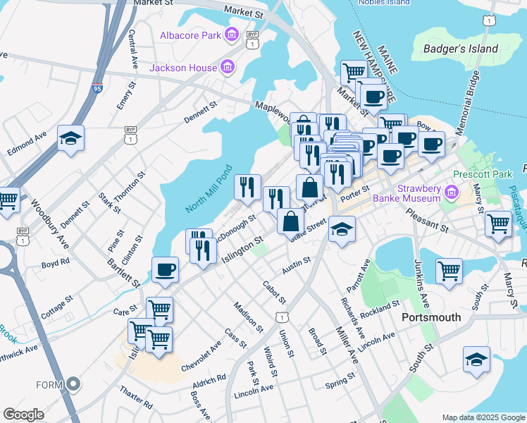map of restaurants, bars, coffee shops, grocery stores, and more near in Portsmouth