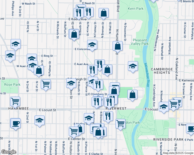 map of restaurants, bars, coffee shops, grocery stores, and more near 3133 North Fratney Street in Milwaukee