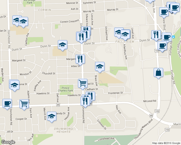 map of restaurants, bars, coffee shops, grocery stores, and more near 6136 Churchill Street in Niagara Falls