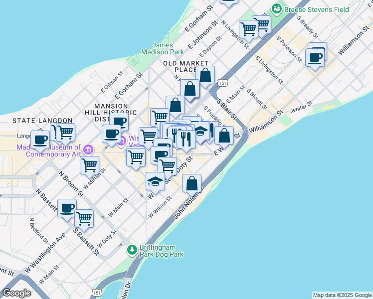 map of restaurants, bars, coffee shops, grocery stores, and more near 101 South Webster Street in Madison