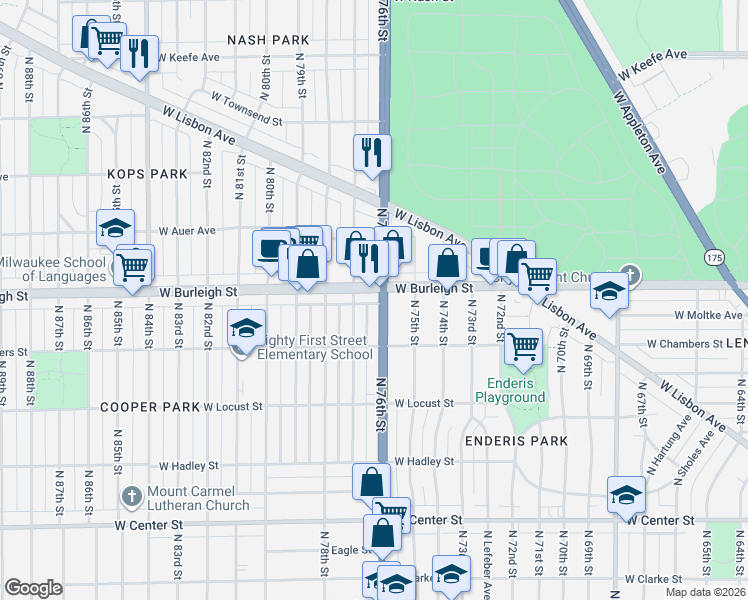 map of restaurants, bars, coffee shops, grocery stores, and more near 7603 West Burleigh Street in Milwaukee