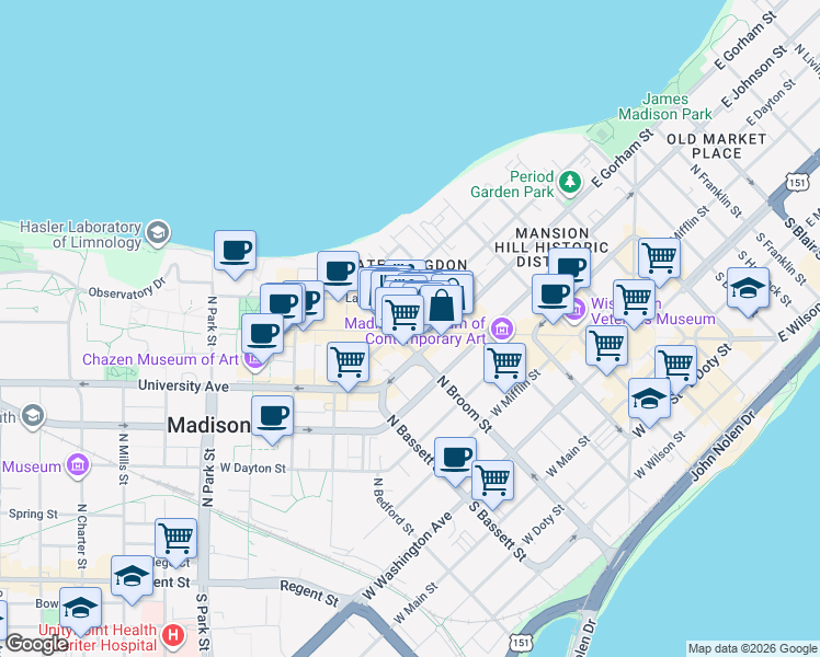 map of restaurants, bars, coffee shops, grocery stores, and more near 442 State Street in Madison
