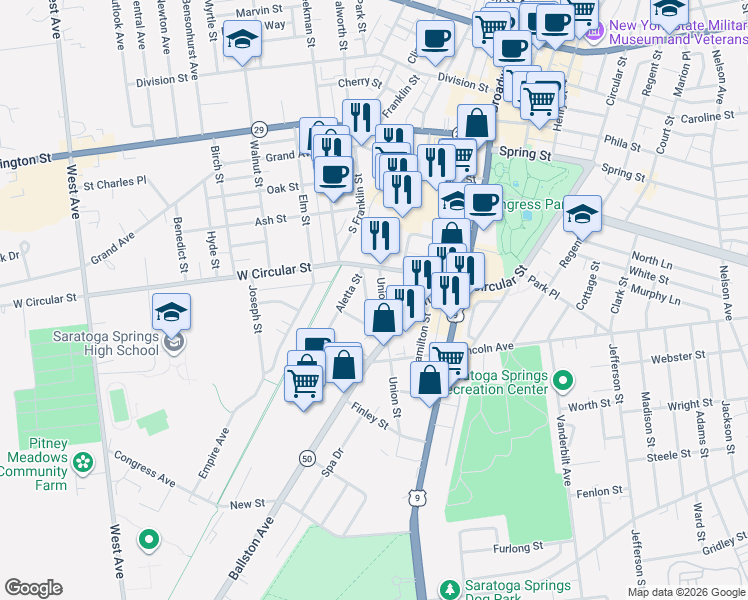 map of restaurants, bars, coffee shops, grocery stores, and more near 41 Union Street in Saratoga Springs