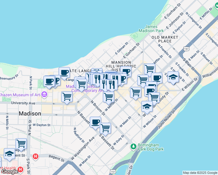 map of restaurants, bars, coffee shops, grocery stores, and more near 226 State Street in Madison