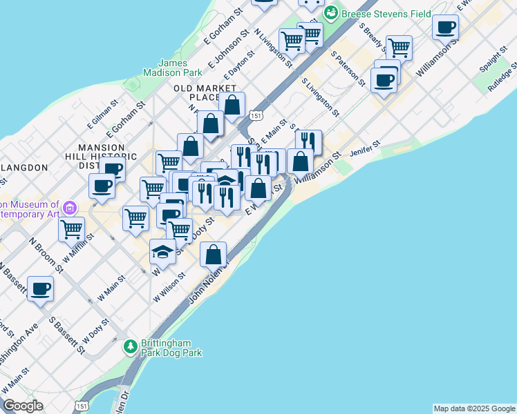 map of restaurants, bars, coffee shops, grocery stores, and more near 406 East Wilson Street in Madison