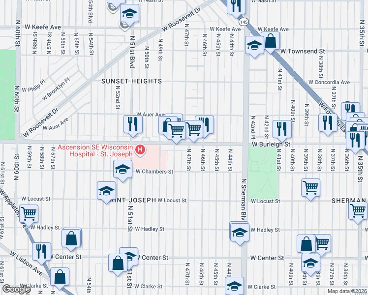 map of restaurants, bars, coffee shops, grocery stores, and more near 4616-4634 West Burleigh Street in Milwaukee