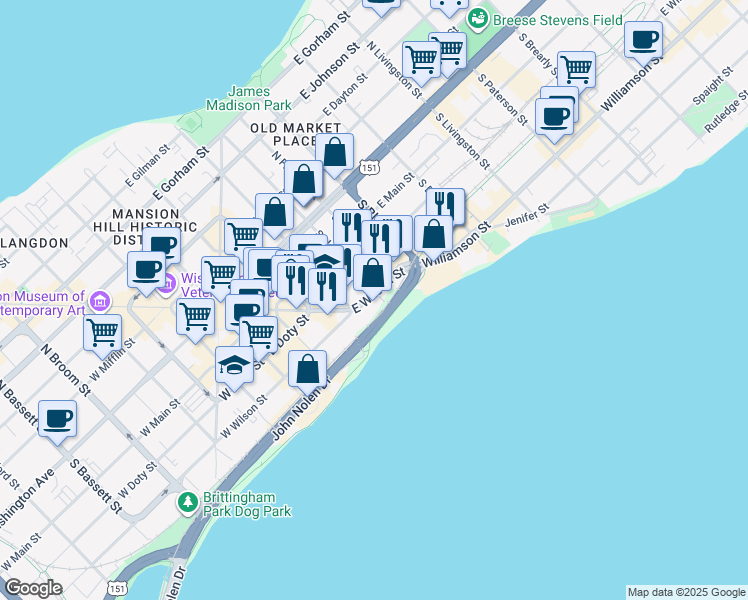 map of restaurants, bars, coffee shops, grocery stores, and more near 406 East Wilson Street in Madison