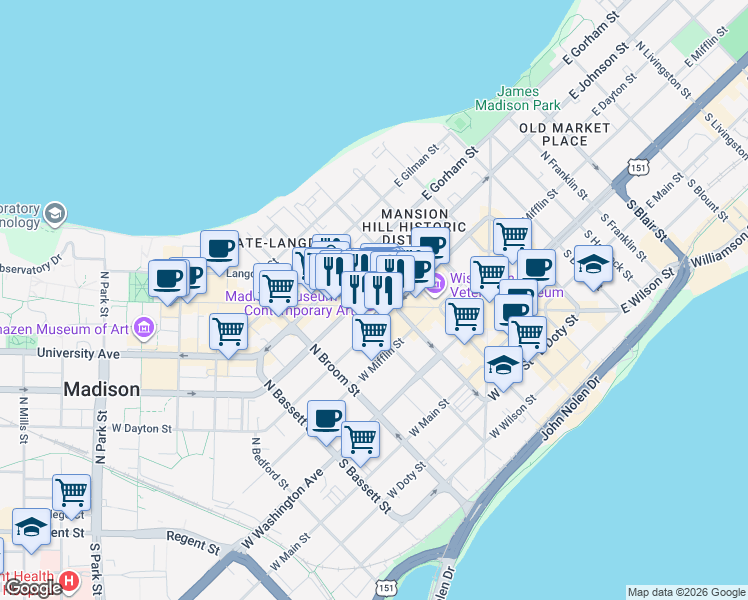 map of restaurants, bars, coffee shops, grocery stores, and more near 222 State Street in Madison