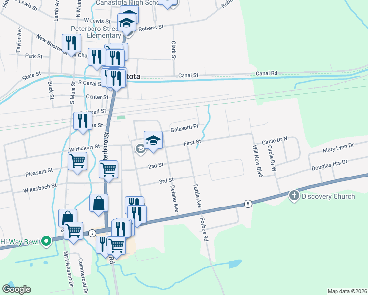 map of restaurants, bars, coffee shops, grocery stores, and more near 210 First Street in Canastota