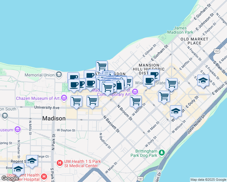 map of restaurants, bars, coffee shops, grocery stores, and more near 432 State Street in Madison