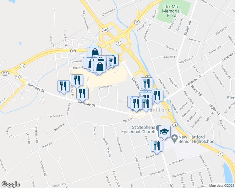 map of restaurants, bars, coffee shops, grocery stores, and more near 16 Huntington Place in New Hartford