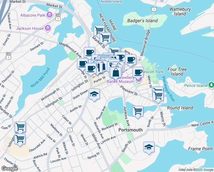 map of restaurants, bars, coffee shops, grocery stores, and more near in Portsmouth