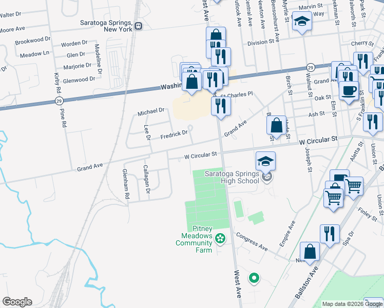 map of restaurants, bars, coffee shops, grocery stores, and more near 324 Grand Avenue in Saratoga Springs