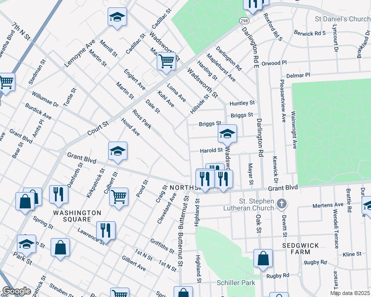 map of restaurants, bars, coffee shops, grocery stores, and more near 224 Ross Park in Syracuse