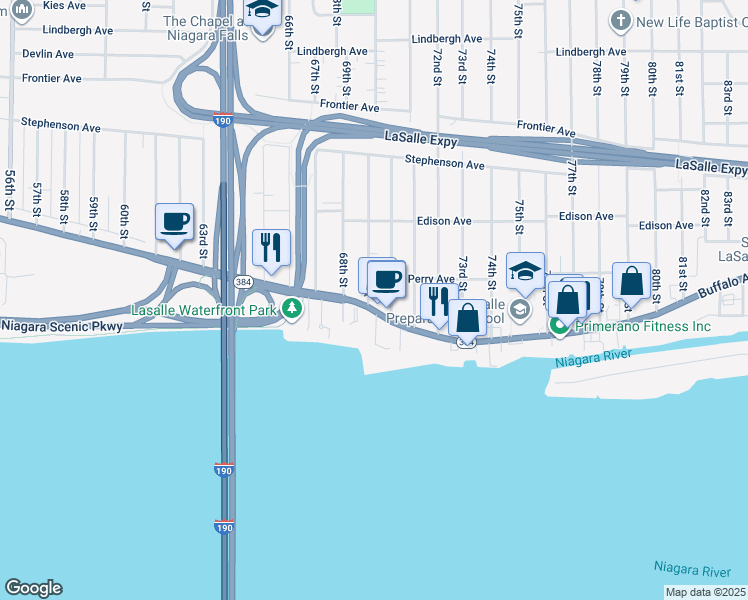 map of restaurants, bars, coffee shops, grocery stores, and more near 136 70th Street in Niagara Falls
