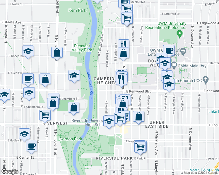 map of restaurants, bars, coffee shops, grocery stores, and more near 3135 North Bartlett Avenue in Milwaukee