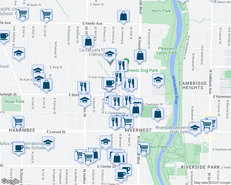 map of restaurants, bars, coffee shops, grocery stores, and more near 3133 North Fratney Street in Milwaukee