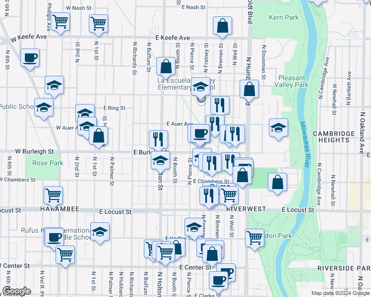 map of restaurants, bars, coffee shops, grocery stores, and more near 3131 North Pierce Street in Milwaukee