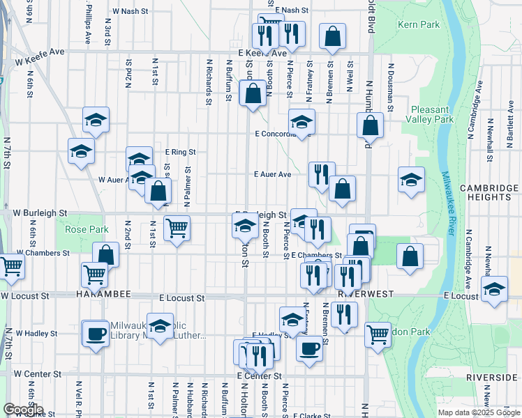 map of restaurants, bars, coffee shops, grocery stores, and more near 3131 North Booth Street in Milwaukee