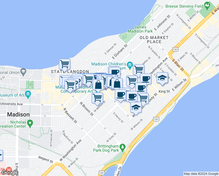 map of restaurants, bars, coffee shops, grocery stores, and more near 212 North Carroll Street in Madison