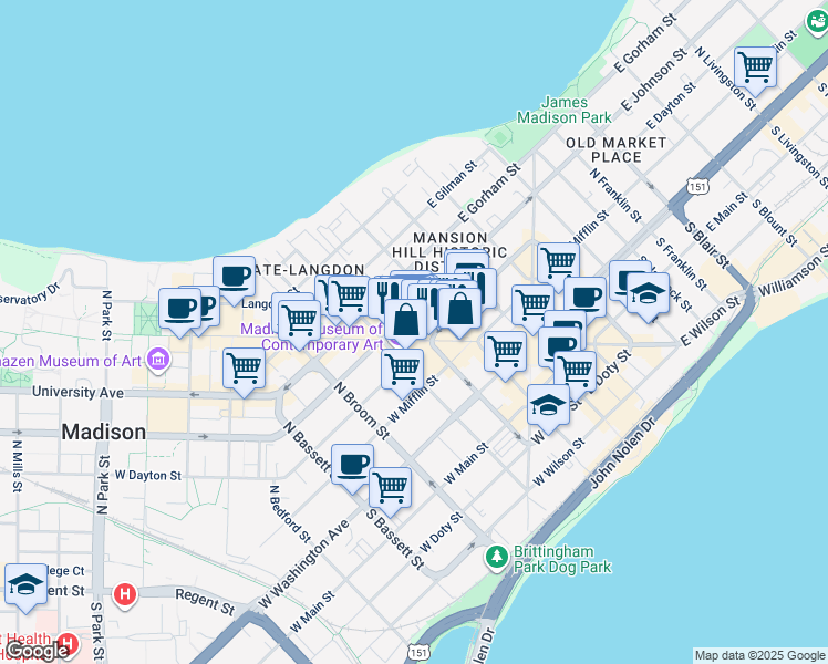 map of restaurants, bars, coffee shops, grocery stores, and more near 212 North Carroll Street in Madison