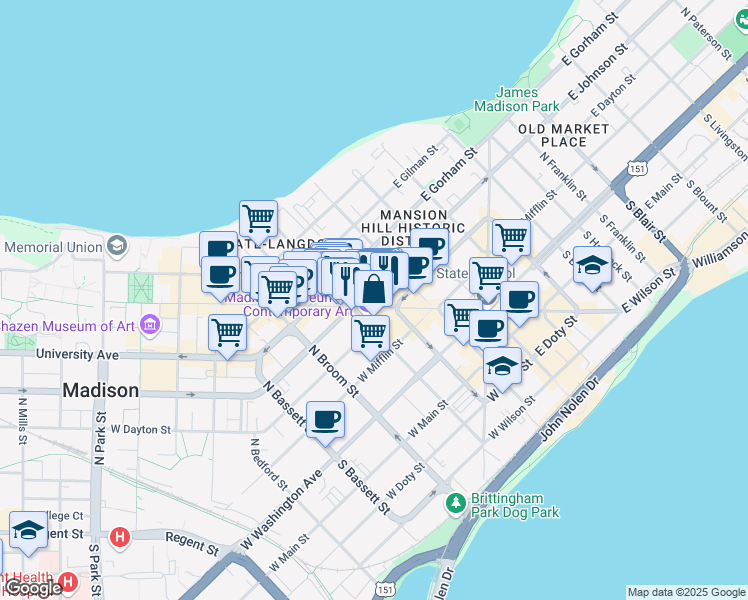 map of restaurants, bars, coffee shops, grocery stores, and more near 124 West Johnson Street in Madison
