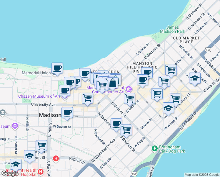 map of restaurants, bars, coffee shops, grocery stores, and more near 229 West Gilman Street in Madison