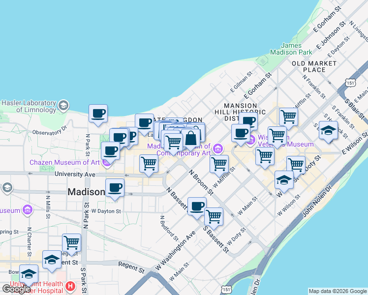 map of restaurants, bars, coffee shops, grocery stores, and more near 428 State Street in Madison