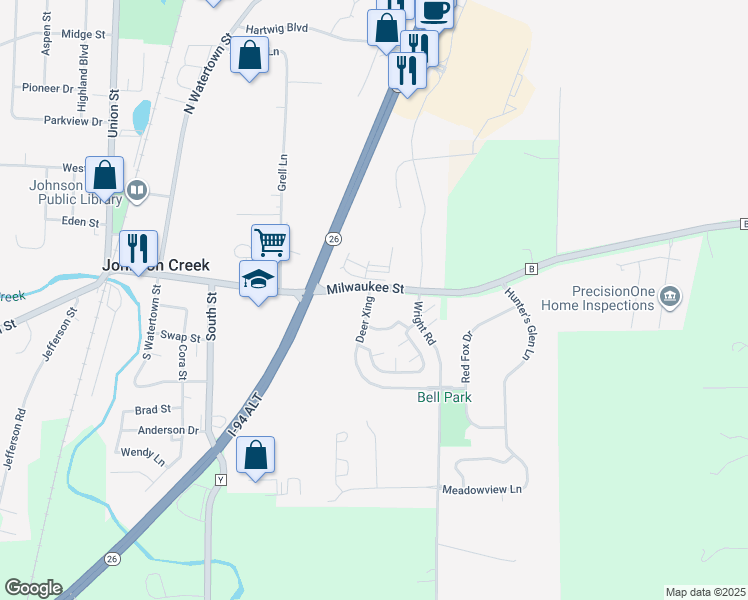 map of restaurants, bars, coffee shops, grocery stores, and more near Milwaukee Street in Johnson Creek