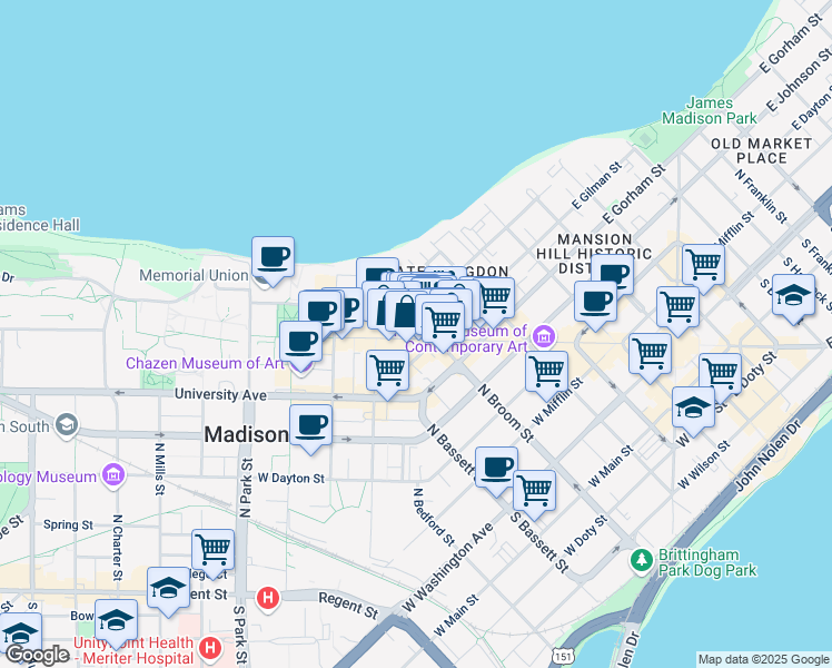 map of restaurants, bars, coffee shops, grocery stores, and more near 247 Langdon Street in Madison