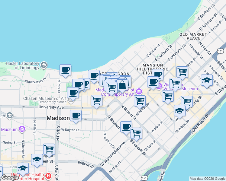 map of restaurants, bars, coffee shops, grocery stores, and more near 243 West Gilman Street in Madison