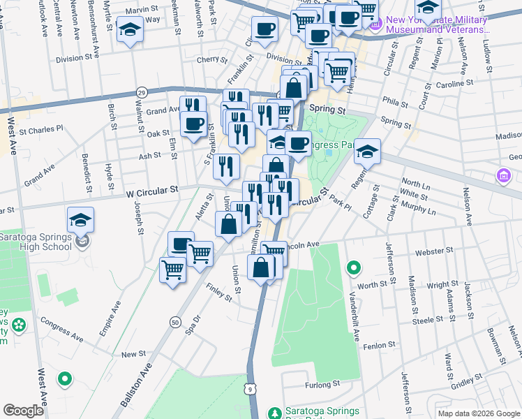 map of restaurants, bars, coffee shops, grocery stores, and more near 99 Hamilton Street in Saratoga Springs
