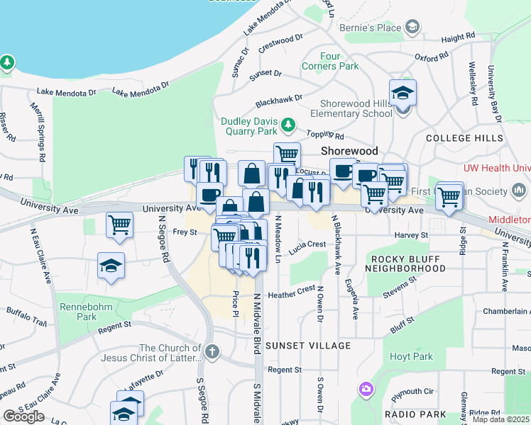 map of restaurants, bars, coffee shops, grocery stores, and more near in Madison