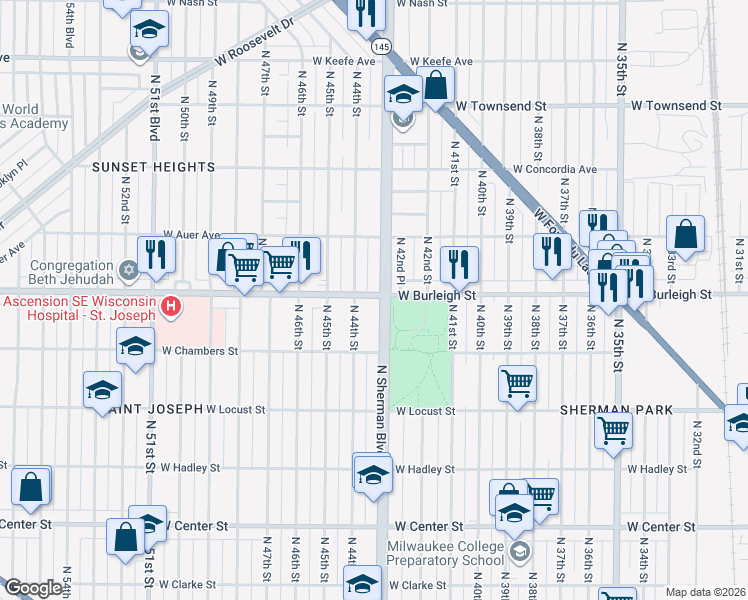 map of restaurants, bars, coffee shops, grocery stores, and more near 3073 North Sherman Boulevard in Milwaukee