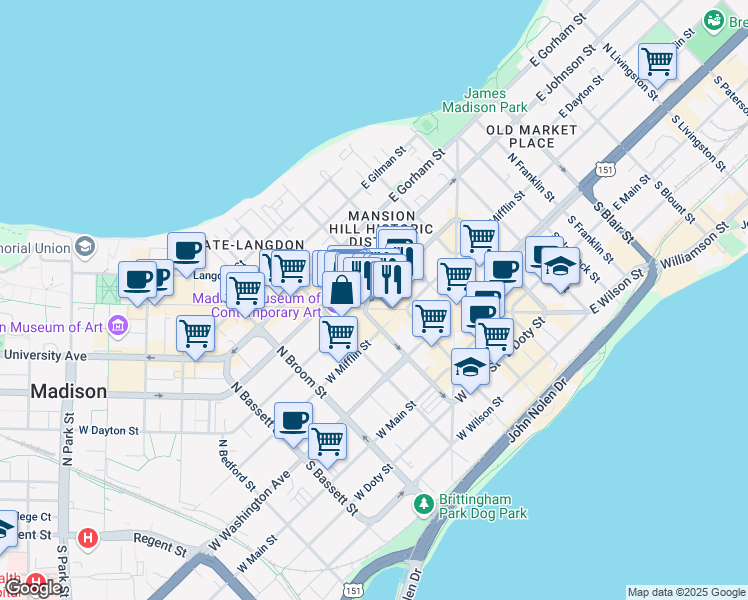 map of restaurants, bars, coffee shops, grocery stores, and more near 117 West Dayton Street in Madison