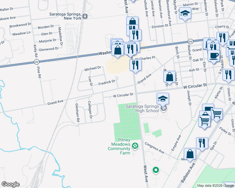 map of restaurants, bars, coffee shops, grocery stores, and more near 324 Grand Avenue in Saratoga Springs