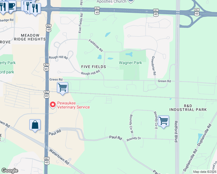 map of restaurants, bars, coffee shops, grocery stores, and more near Greenfield Court in Pewaukee