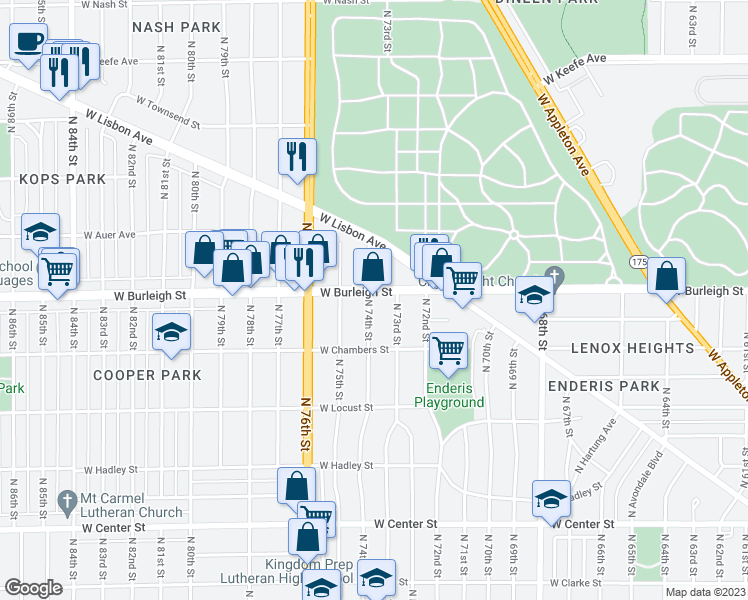map of restaurants, bars, coffee shops, grocery stores, and more near 7333 West Burleigh Street in Milwaukee