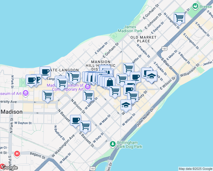 map of restaurants, bars, coffee shops, grocery stores, and more near 1 West Dayton Street in Madison
