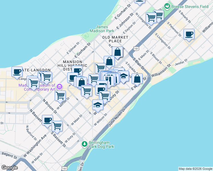 map of restaurants, bars, coffee shops, grocery stores, and more near 1 South Pinckney Street in Madison