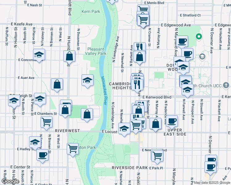 map of restaurants, bars, coffee shops, grocery stores, and more near 3138 North Cambridge Avenue in Milwaukee