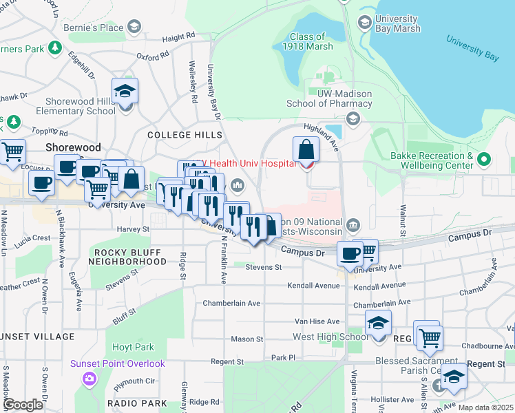map of restaurants, bars, coffee shops, grocery stores, and more near 810 University Bay Drive in Madison