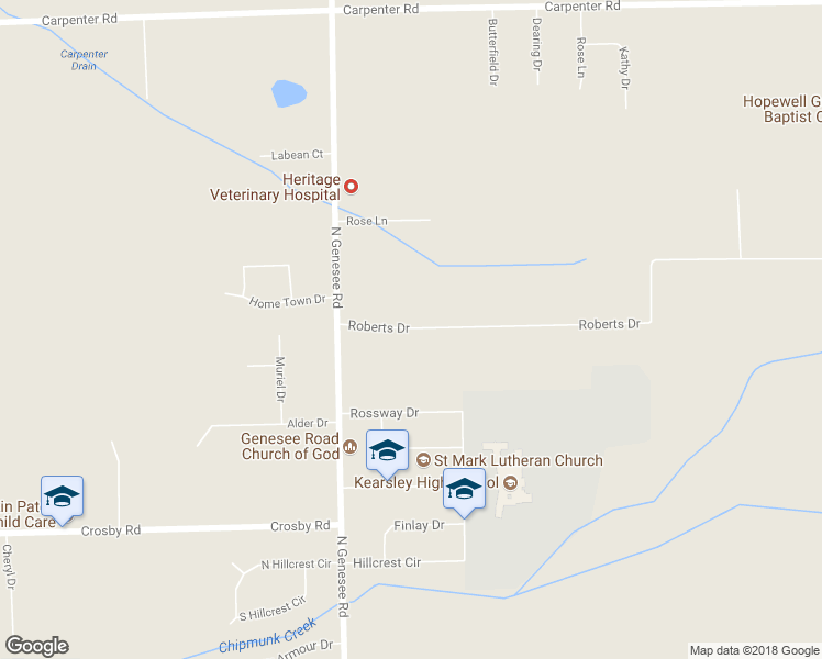 map of restaurants, bars, coffee shops, grocery stores, and more near 5079 Roberts Drive in Flint