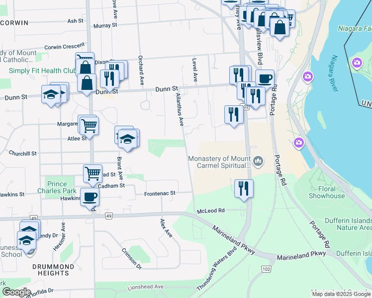 map of restaurants, bars, coffee shops, grocery stores, and more near Ailanthus Avenue in Niagara Falls