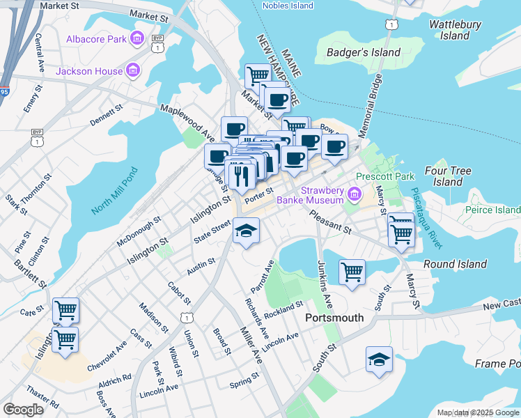 map of restaurants, bars, coffee shops, grocery stores, and more near 401 State Street in Portsmouth