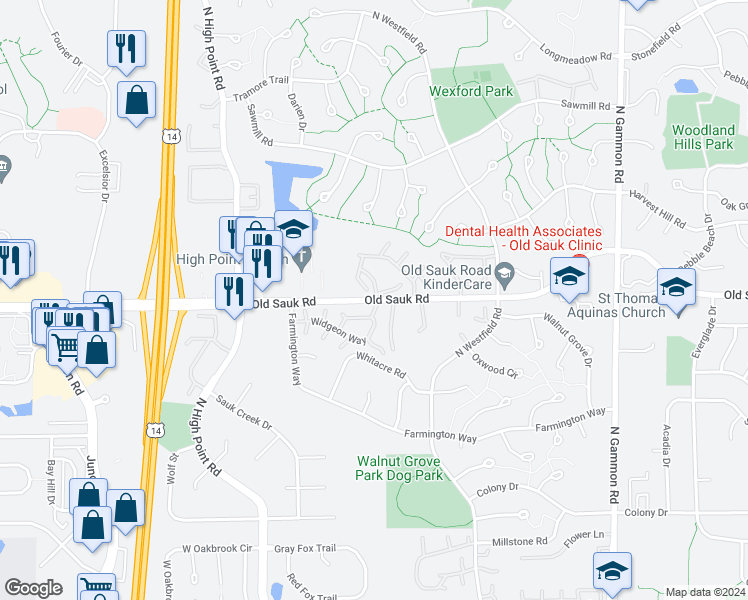 map of restaurants, bars, coffee shops, grocery stores, and more near 7358 Old Sauk Road in Madison