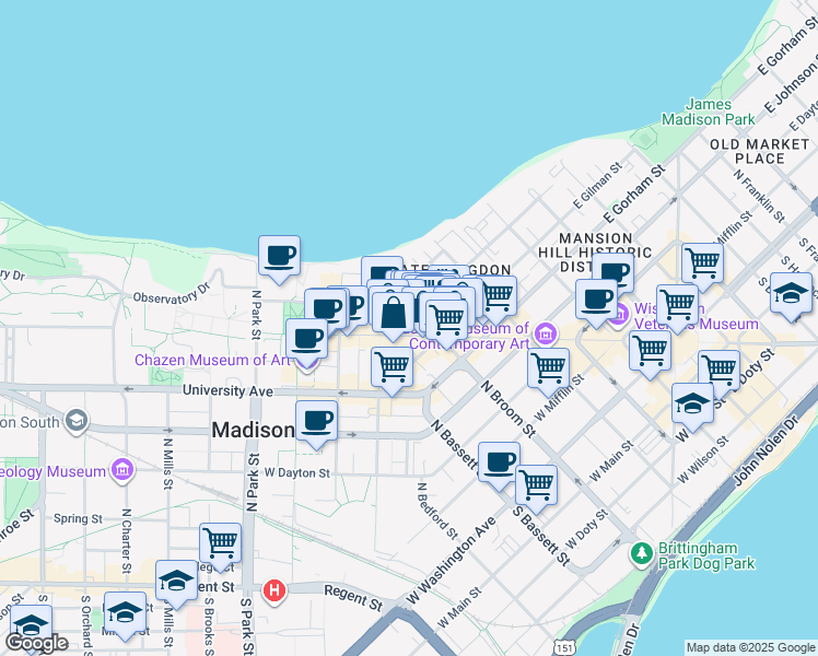 map of restaurants, bars, coffee shops, grocery stores, and more near 546 State Street in Madison